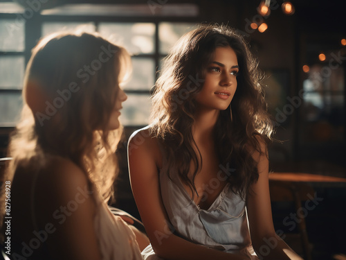 Brunette engrossed in discussion with friend over new song photo