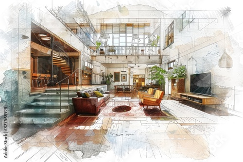 Linear sketch watercolor and pen of an interior. Room plan.