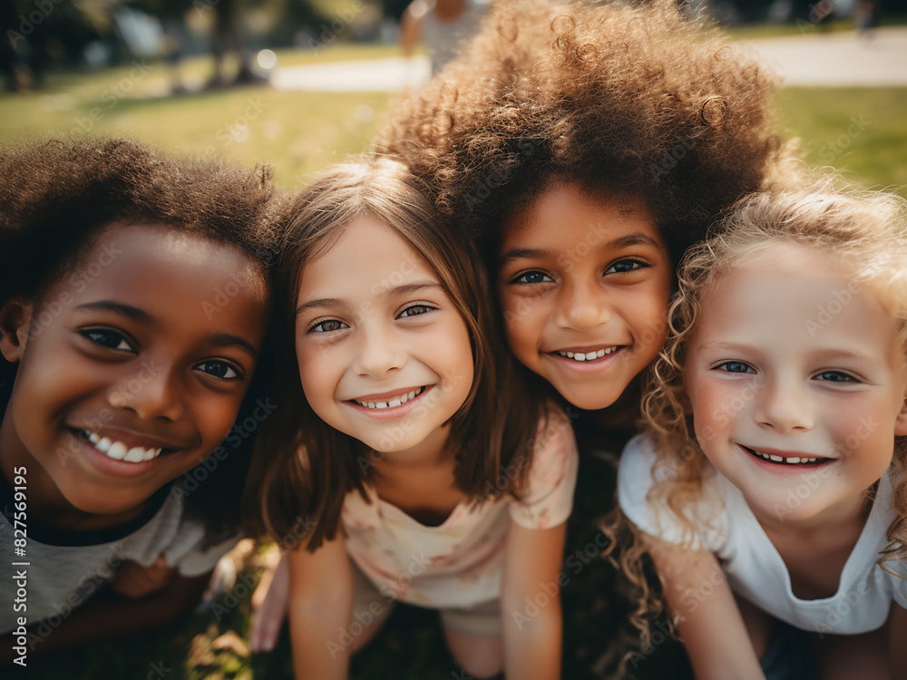 Girls and boys of different races play happily together in the park, celebrating diversity Girls and boys of different races play happily together in the park, celebrating diversity