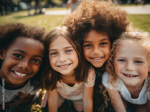 Girls and boys of different races play happily together in the park, celebrating diversity