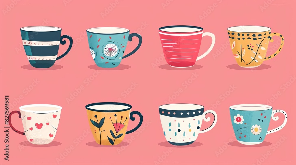 Set of various cups with tea or coffee Side view Different ornaments Flowers, berries, etc Hand drawn colored trendy vector illustration Cartoon style Flat design Isolated on a pink background Set of various cups with tea or coffee Side view Different ornaments Flowers, berries, etc Hand drawn colored trendy vector illustration Cartoon style Flat design Isolated on a pink background