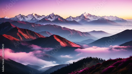 A breathtaking view of a mountain range with the first light of dawn illuminating the peaks. The sky is painted with hues of pink, orange, and purple, while a layer of mist covers the valleys below. T © Farhan