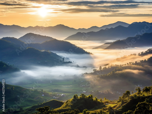 Misty morning envelopes mountains in a serene landscape at Doi Ang Khang, Thailand photo