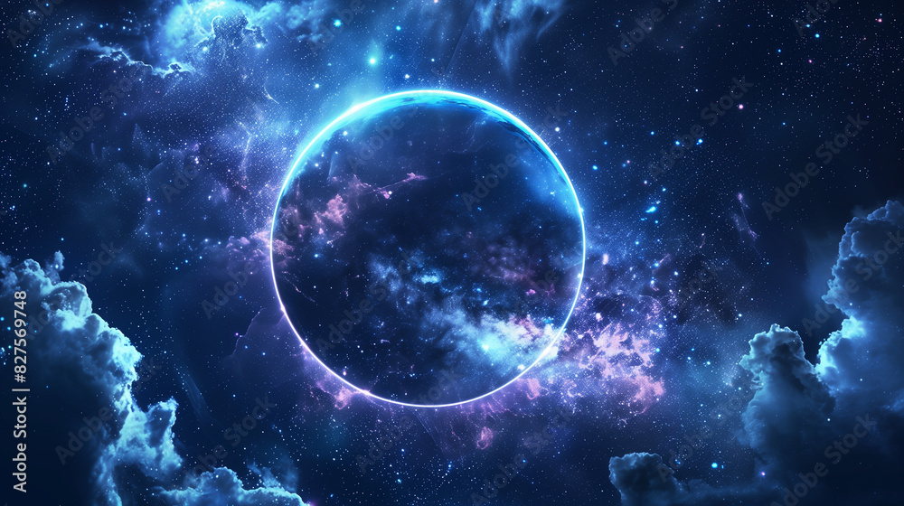 A glowing, ethereal circle with cosmic rays emanating from its center, creating a star-like pattern