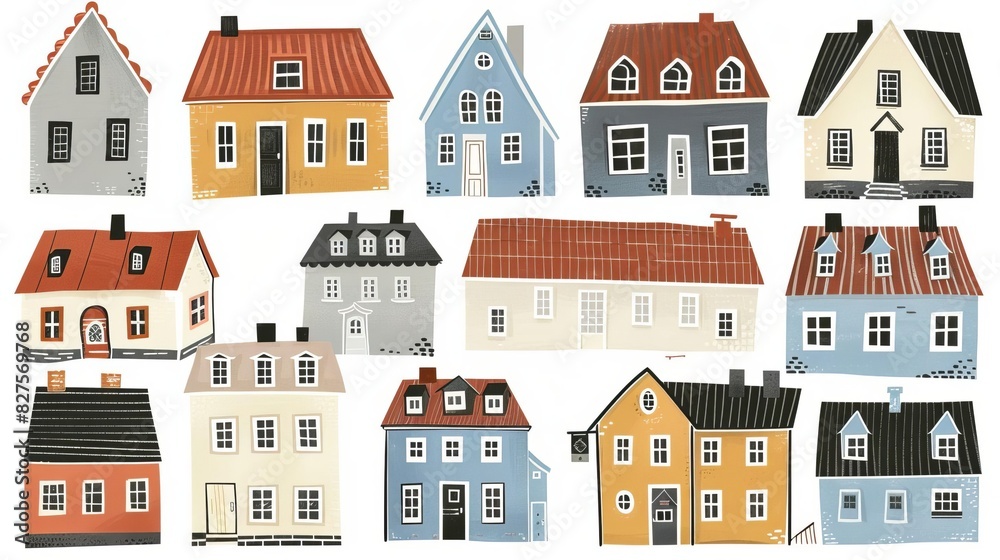 Fototapeta premium Various Outline Small and tiny houses White walls, black windows Colorful roofs Different facades Scandinavian style Hand drawn Vector set Every building is isolated