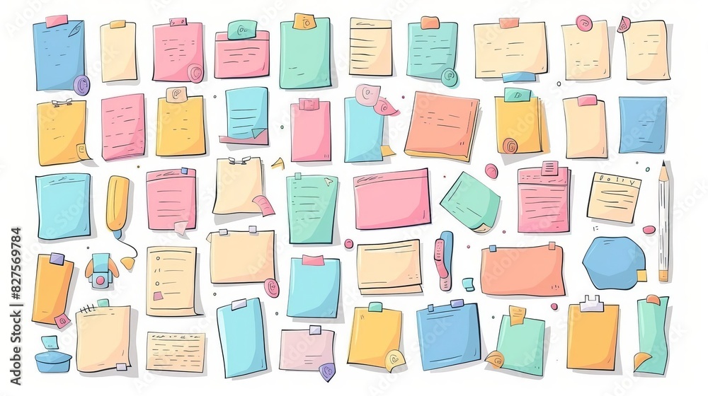 Various Paper notes on stickers Information board with blank Paper sticky notes for reminders, to do list, planner, schedule Hand drawn Vector illustration Cartoon style All elements are isolated Various Paper notes on stickers Information board with blank Paper sticky notes for reminders, to do list, planner, schedule Hand drawn Vector illustration Cartoon style All elements are isolated