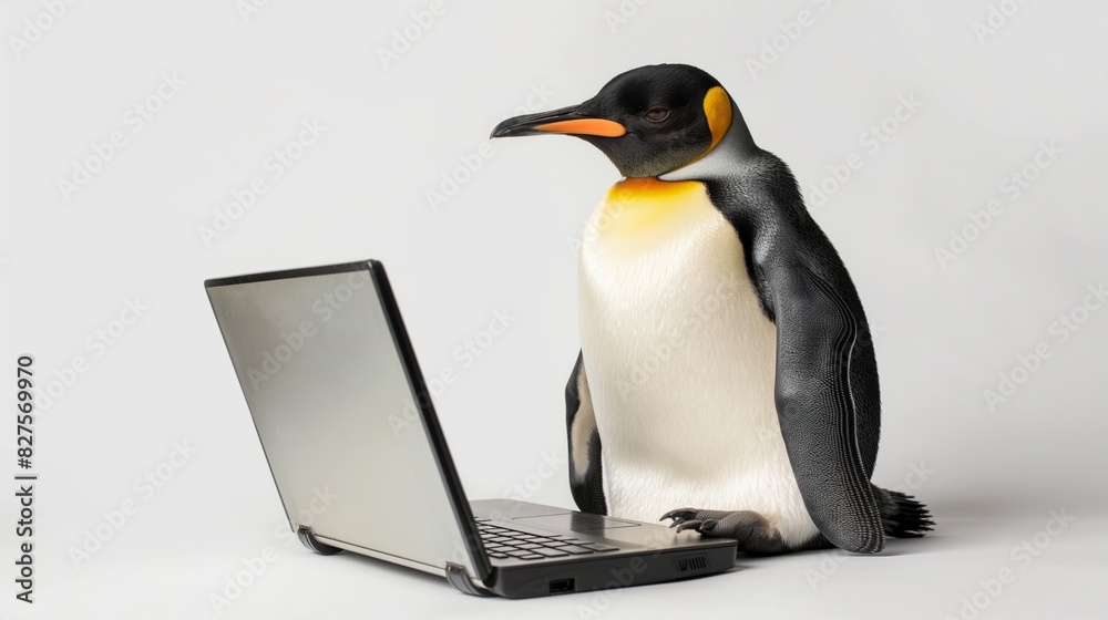 Fototapeta premium Penguin using laptop on white background in studio.