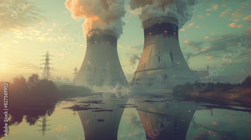 Cooling towers of a nuclear plant in a surreal, dreamlike setting, with unexpected elements like floating islands and unusual lighting. --ar 16:9 --style raw 