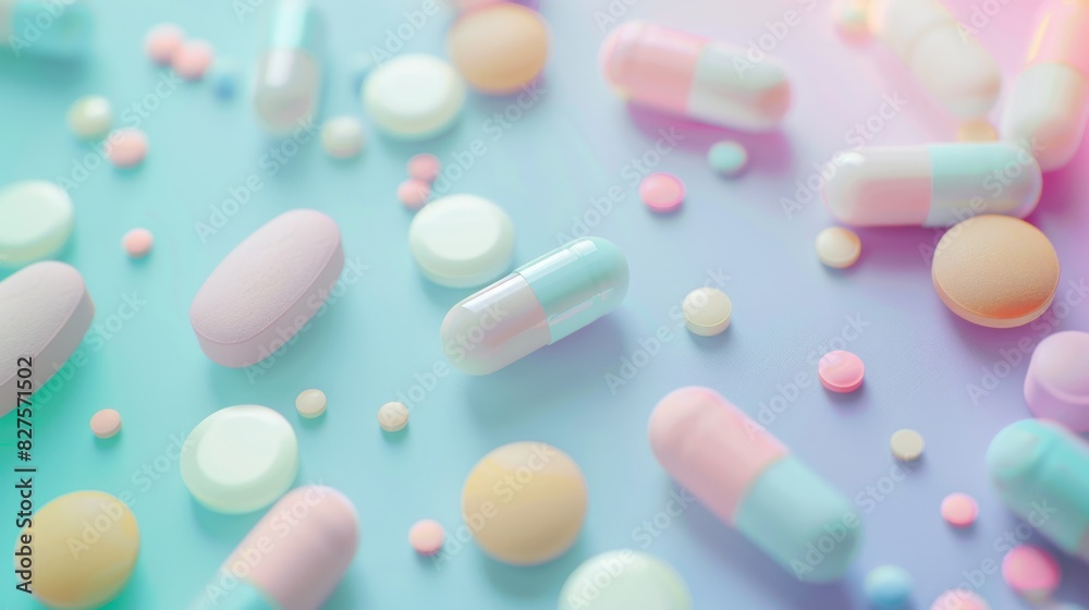 A colorful array of pills on a pink and blue background A colorful array of pills on a pink and blue background
