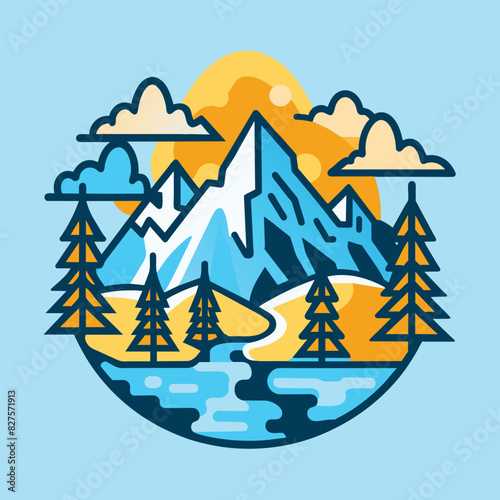 Mountainous Landscape with a Sunset and a River in an Oval Shape