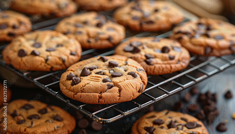 Close-up of mouthwatering homemade chocolate chip cookies cooling on a wire rack surrounded by scattered chocolate chips