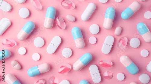 A colorful assortment of pills scattered across a blue background