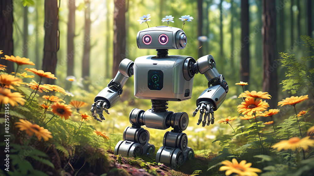 Cute robot with flowers in the forest, Generative AI Cute robot with flowers in the forest, Generative AI