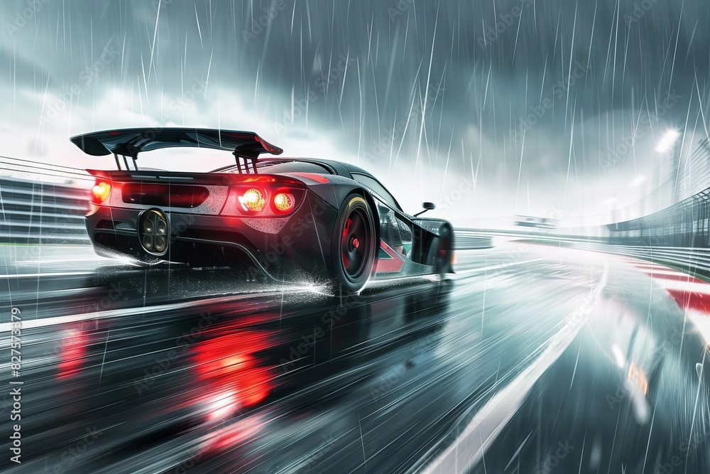 racing car passing track at high speed in rain rear view digital illustration
