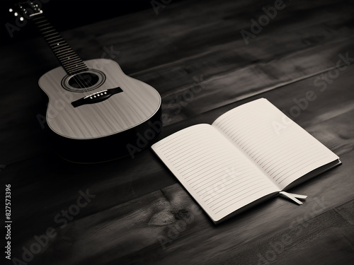 Guitar leans beside coffee and notebook on wood