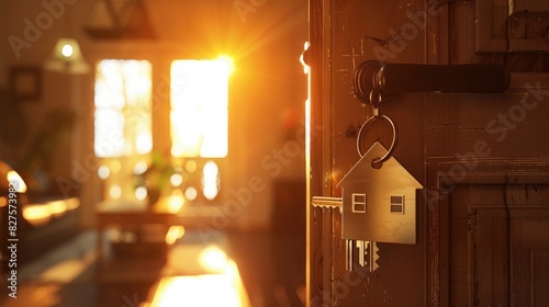 A house-shaped keychain with keys hanging on the door handle of an open home interior, closeup photo