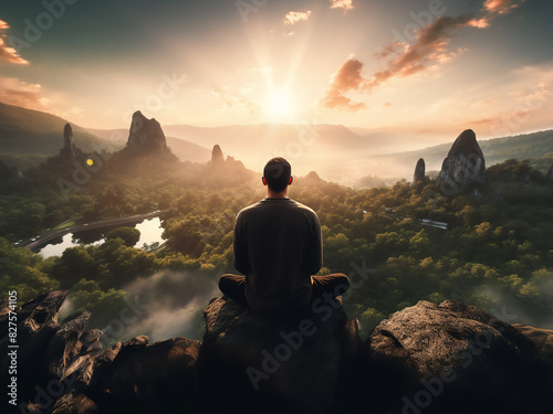 Serene moment person meditating, admiring viewAI-crafted, peaceful day scene