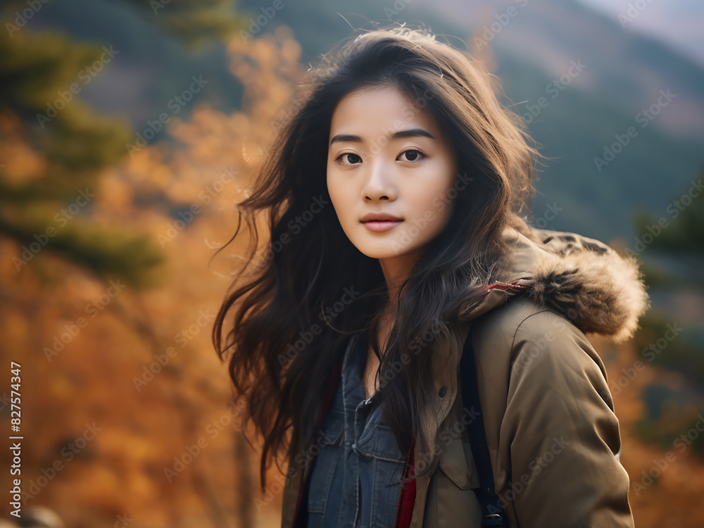 Asian woman poses in outdoor fashion shootautumn forest backdrop, serene ambiance Asian woman poses in outdoor fashion shootautumn forest backdrop, serene ambiance