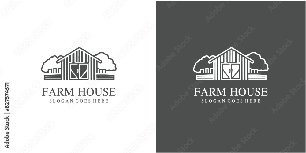 Farm template design logo. wooden farmhouse and farm icon in line art design style with oval frame.