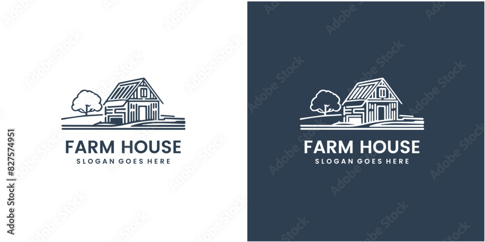 Farm template design logo. wooden farmhouse and farm icon in line art design style with oval frame.