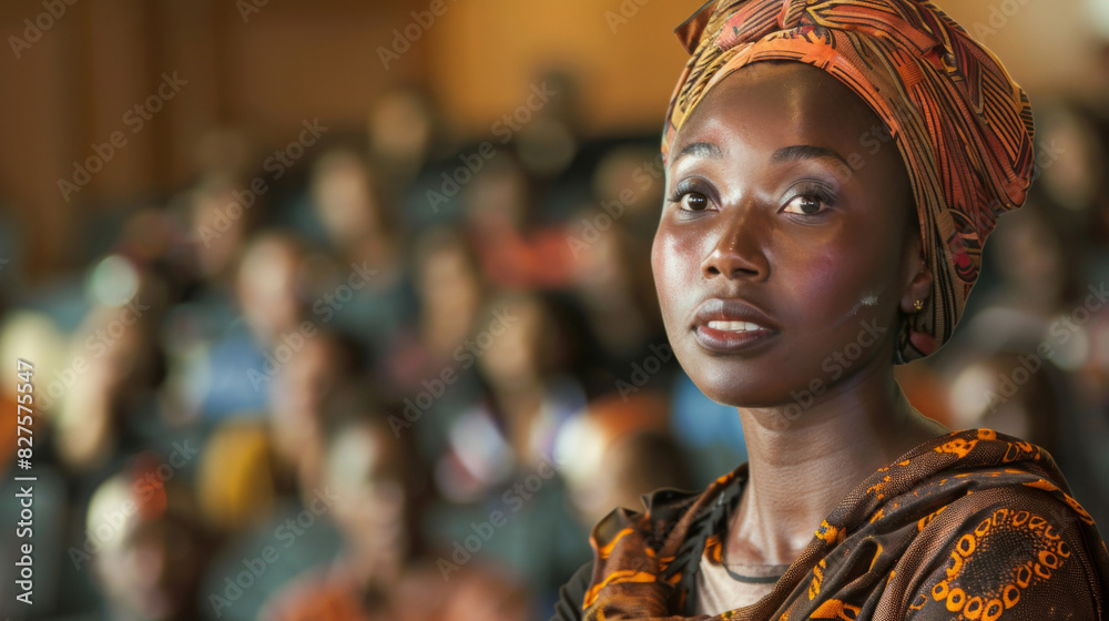 Fototapeta premium Portrait of a poised african lady with headscarf at a public event