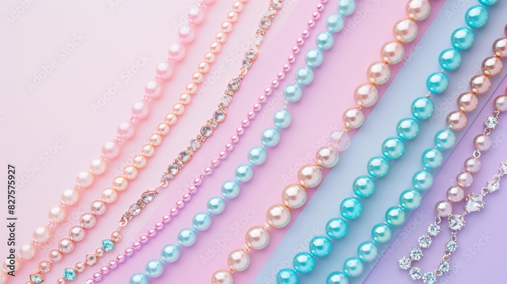 A row of necklaces with different colored beads and pearls A row of necklaces with different colored beads and pearls