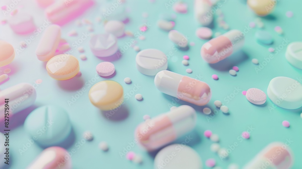 A colorful array of pills scattered across a blue background A colorful array of pills scattered across a blue background