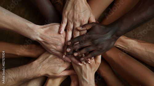 Overhead view of a stack of diverse hands together  symbolizing unity and teamwork