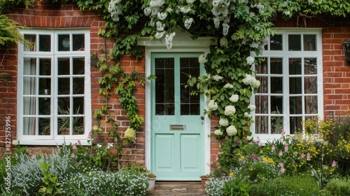 A mint green front door on an old red brick house with white windows and flowers in the foreground, in the English countryside.