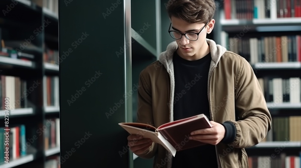 Caucasian male student in glasses reads book standing near shelves in university library. Obtaining knowledge at educational institution. Lady enjoys experience of curiosity and perseverance Caucasian male student in glasses reads book standing near shelves in university library. Obtaining knowledge at educational institution. Lady enjoys experience of curiosity and perseverance