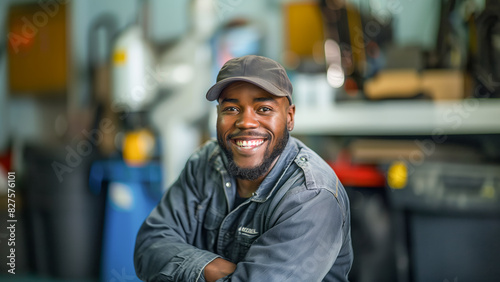 African American mechanic smiling