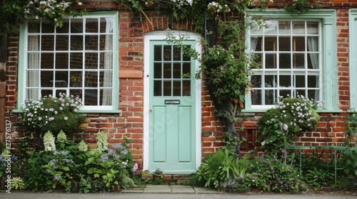 A mint green front door on an old red brick house with white windows and flowers in the foreground, in the English countryside.