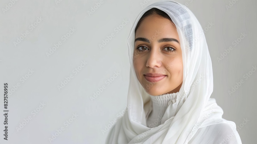 saudi arabian woman in simple tunic against plain white studio background medium shot portrait saudi arabian woman in simple tunic against plain white studio background medium shot portrait