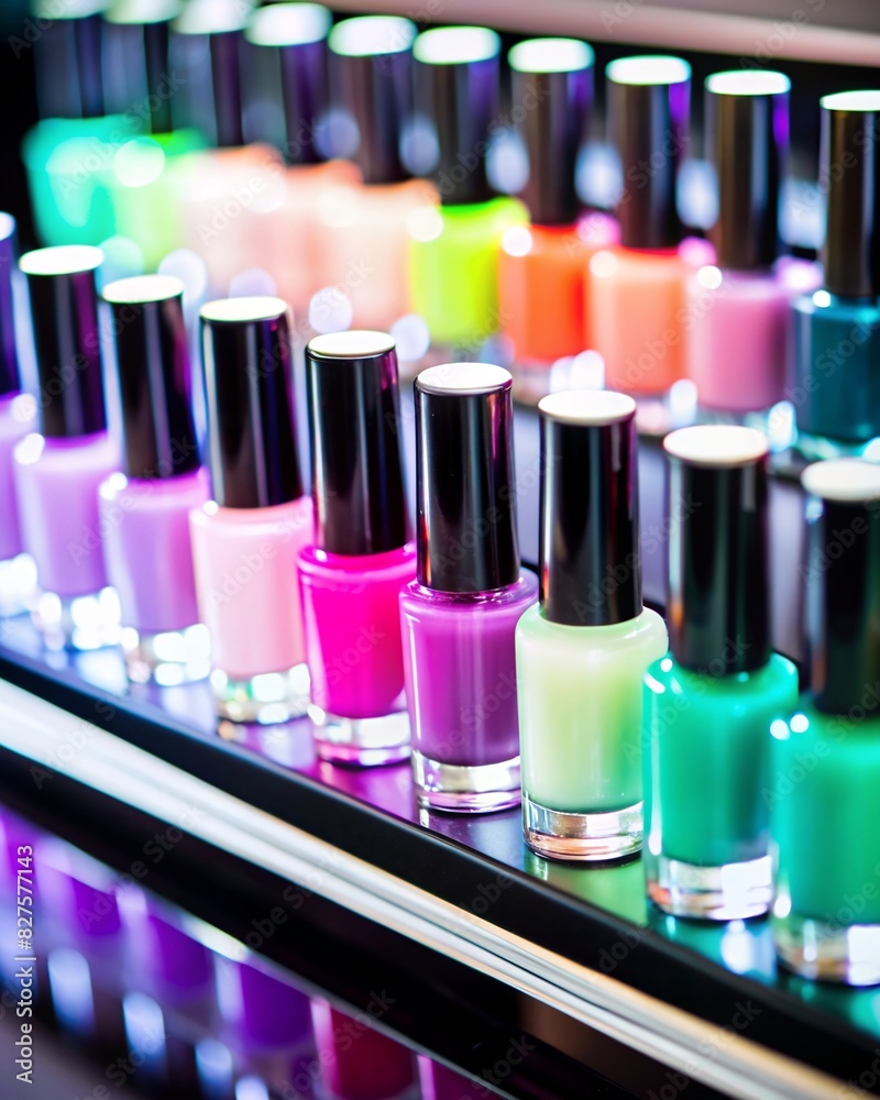 A captivating display of nail polish bottles in a cosmetics store. The stand, filled with a vibrant array of colors, offers a multitude of choices for beauty enthusiasts. A captivating display of nail polish bottles in a cosmetics store. The stand, filled with a vibrant array of colors, offers a multitude of choices for beauty enthusiasts.