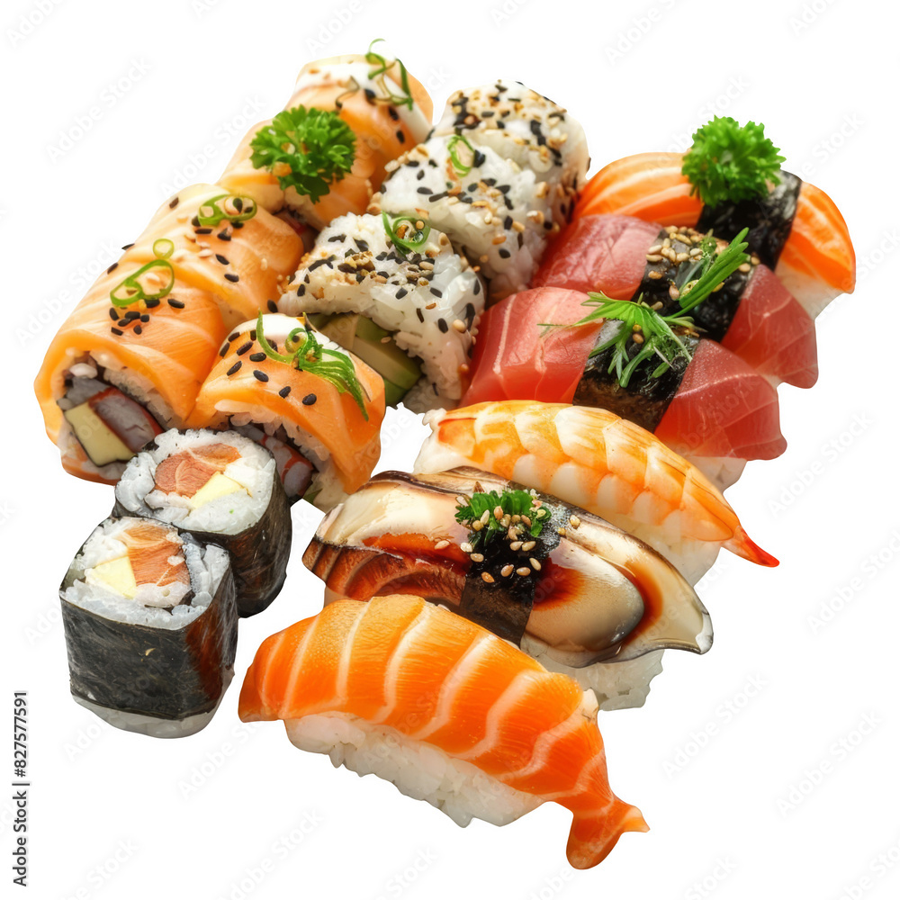 Assorted sushi platter featuring nigiri, sashimi, and rolls with fresh fish, rice, and garnishes on white background. Assorted sushi platter featuring nigiri, sashimi, and rolls with fresh fish, rice, and garnishes on white background.