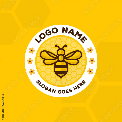 Natural Honey Logo Design Beehive Logo Template. Circular Honey Bee Logo Design for Beekeeping and Honey Business