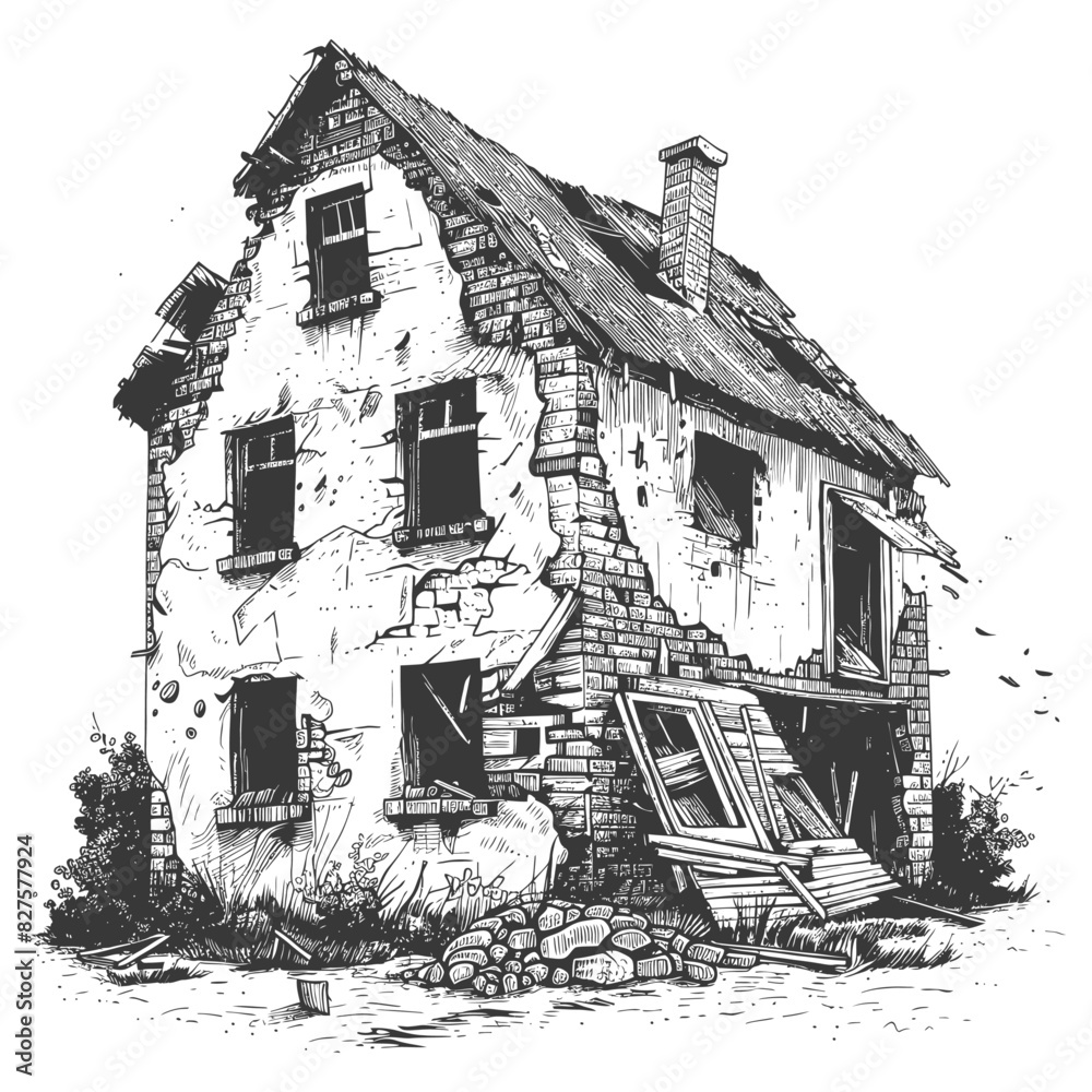 abandoned buildings with old engraving style black color only