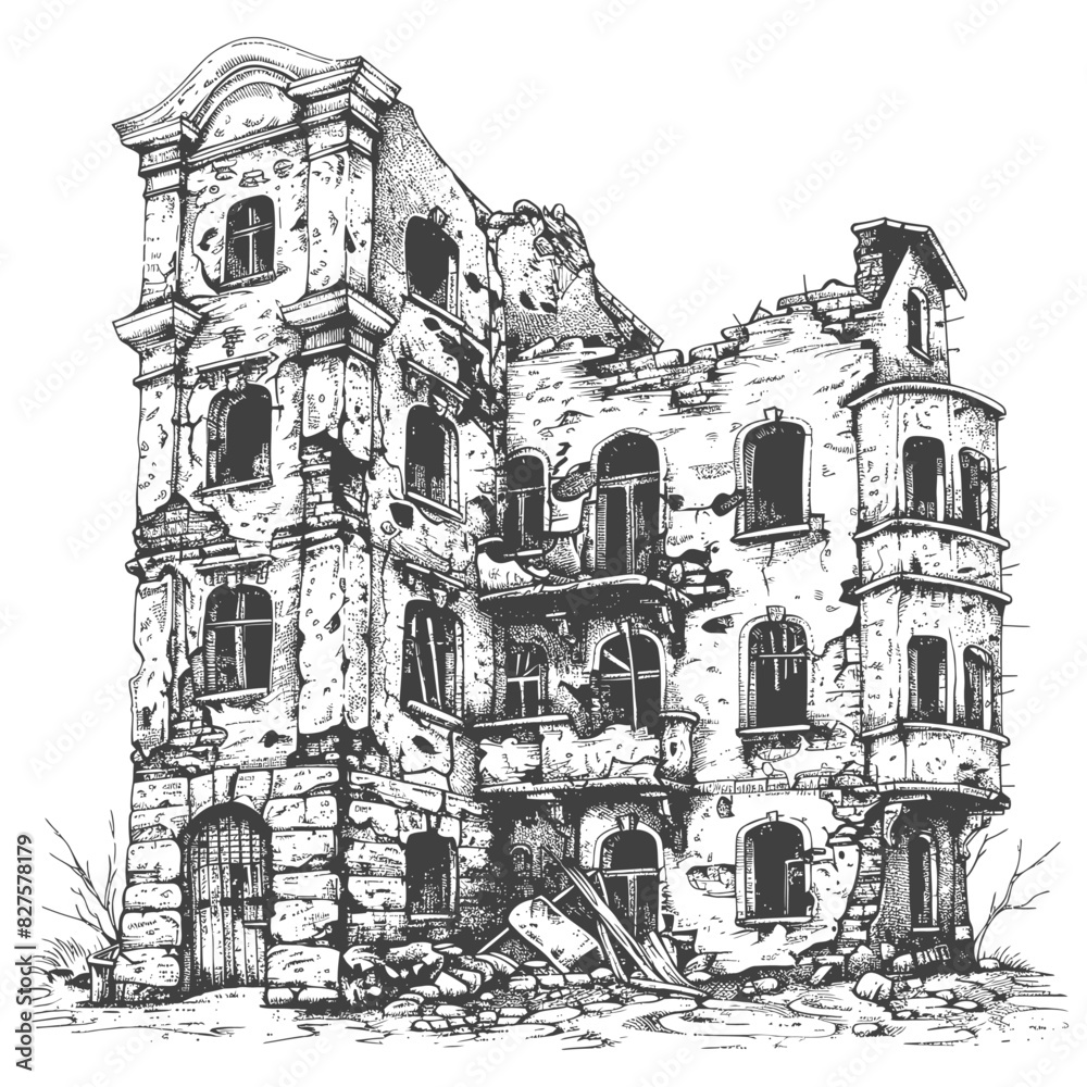 abandoned buildings with old engraving style black color only