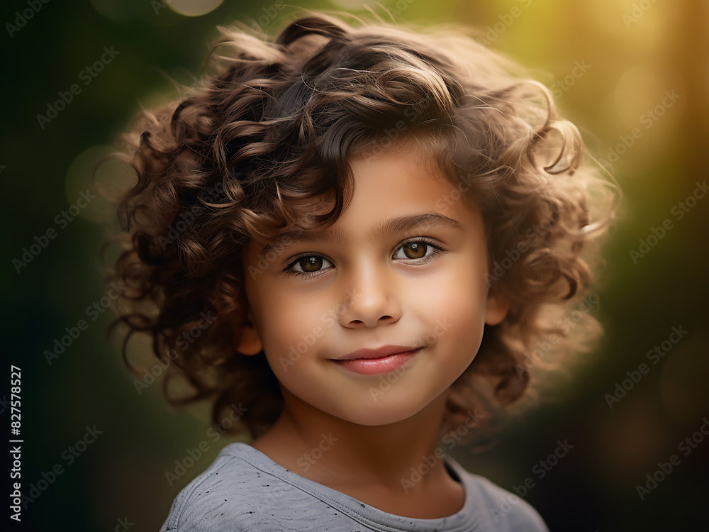A curly-haired little boy smiles warmly at the camera A curly-haired little boy smiles warmly at the camera