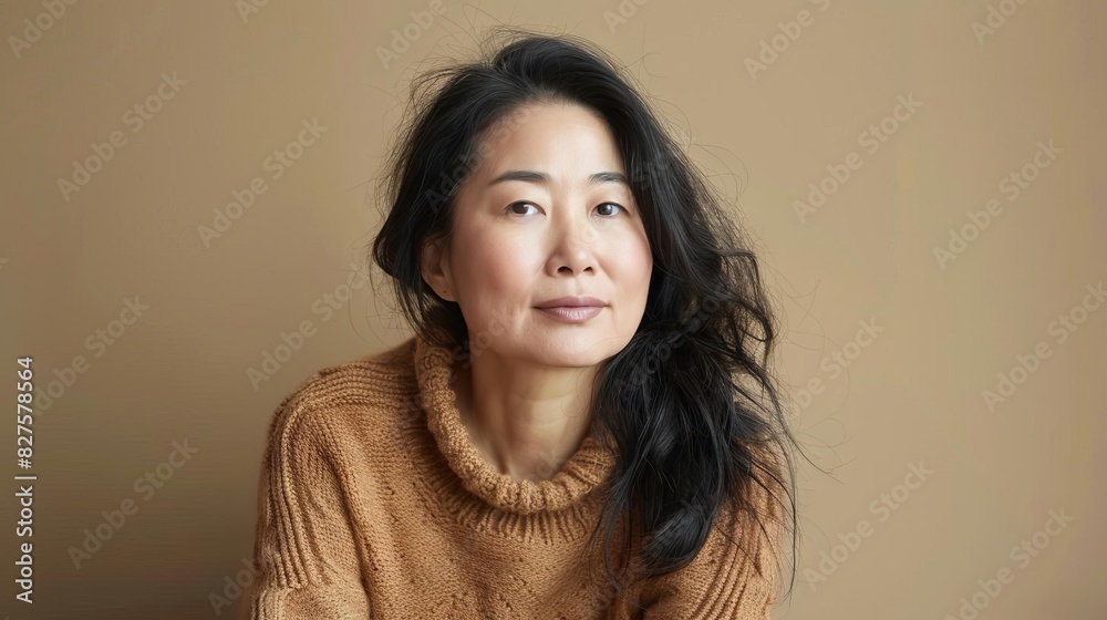 serene portrait of chinese woman in her 40s wearing cozy sweater soft pastel background serene portrait of chinese woman in her 40s wearing cozy sweater soft pastel background