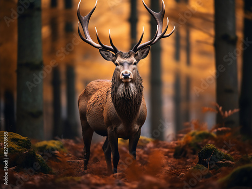 Powerful red deer stag dominates the autumnal woodland scene