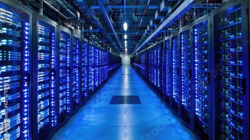 A parallel row of servers, adorned in electric blue, fills a technology-driven data center hallway with a symmetrical display of power and Azure technology