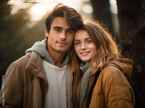 Outdoors, a portrait freezes a moment of pure love between a young couple