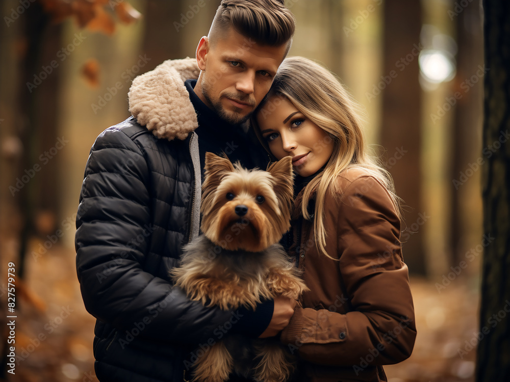 In the forest, a charming couple enjoys a walk accompanied by their Yorkshire Terrier