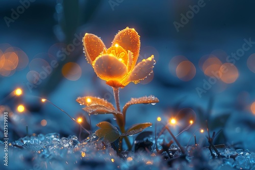A single, illuminated flower blooming in a cold, frosty environment with glowing lights creating a magical ambiance.
