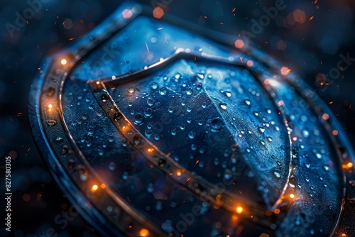 Close-up of a water-drenched blue shield with glowing lights, symbolizing protection, security, and resilience in a dark background. photo