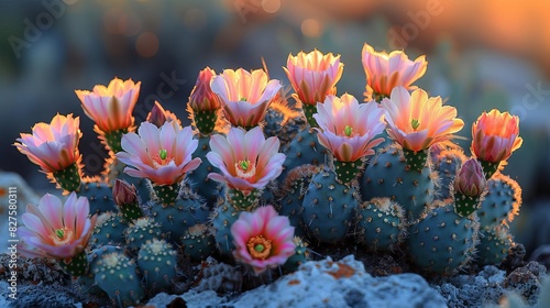Close-up of blooming cacti with vibrant pink flowers in a desert landscape at sunset, showcasing the beauty of nature. photo
