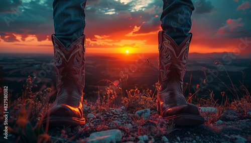 Close-up of person in cowboy boots standing on a hilltop overlooking a breathtaking sunset with vibrant, colorful skies and distant valleys.