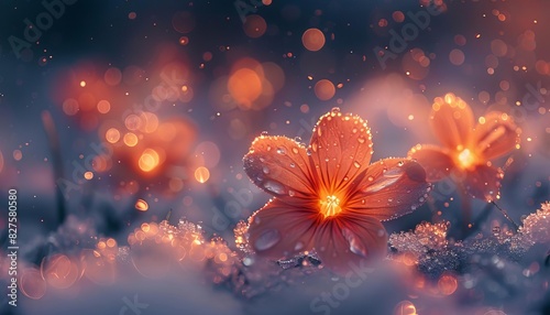 Delicate orange flowers with dewdrops against a dreamy bokeh background  glowing softly in ethereal light  evoking a sense of tranquility.