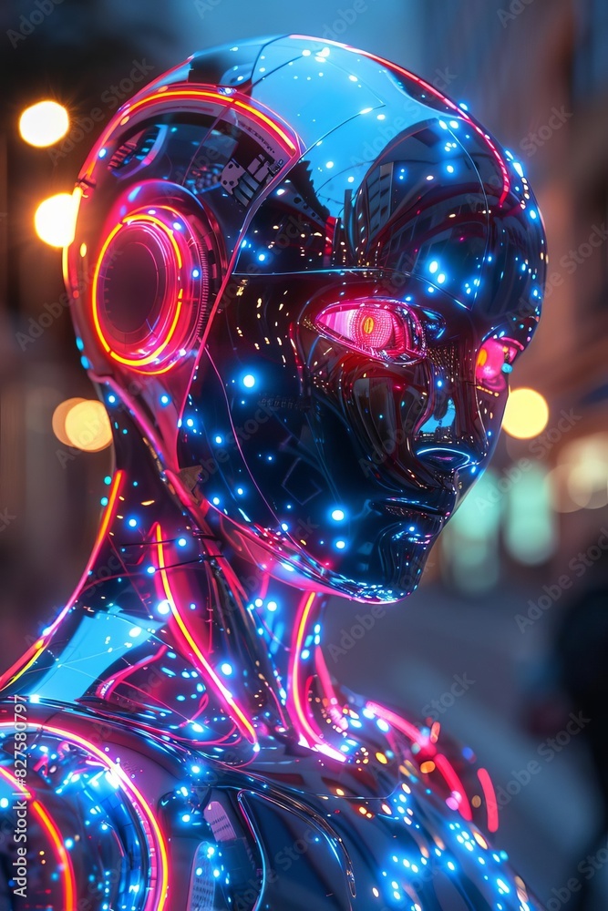 Futuristic robot with glowing neon lights in an urban setting, showcasing advanced technology and artificial intelligence. Futuristic robot with glowing neon lights in an urban setting, showcasing advanced technology and artificial intelligence.